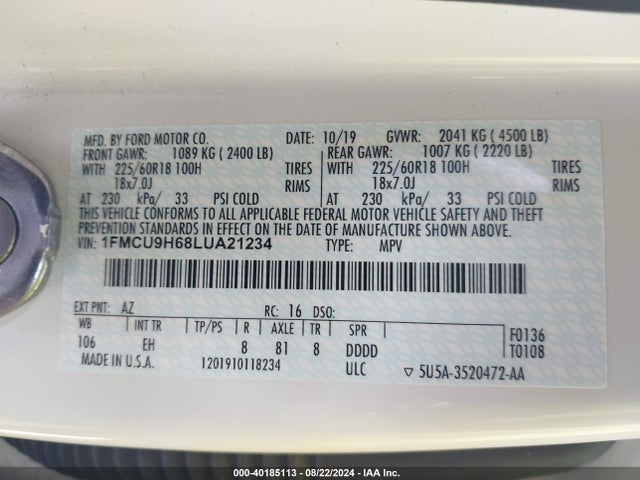 Ford ESCAPE SEL 2020 1FMCU9H68LUA21234 Image 9