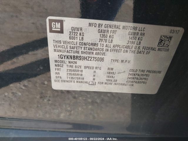 1GYKNBRS9HZ275006 Cadillac XT5 LUXURY