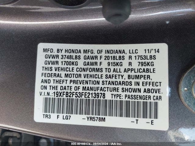 Honda Civic Lx 2015 19XFB2F53FE213978 Image 9
