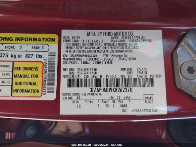 3FA6P0MU9KR262370 Ford Fusion Hybrid Sel