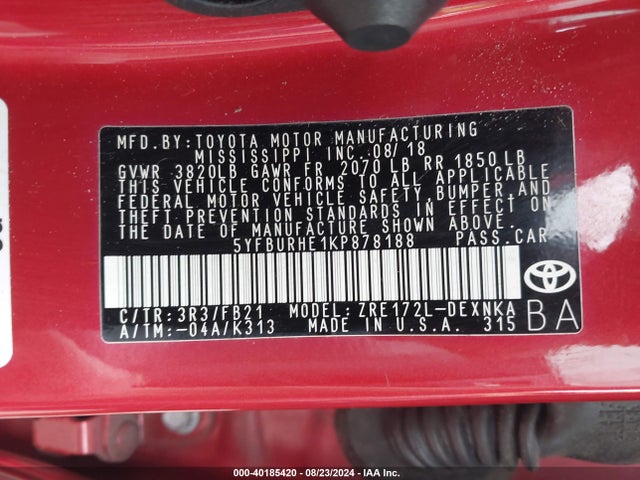 Toyota COROLLA LE 2019 5YFBURHE1KP878188 Image 9