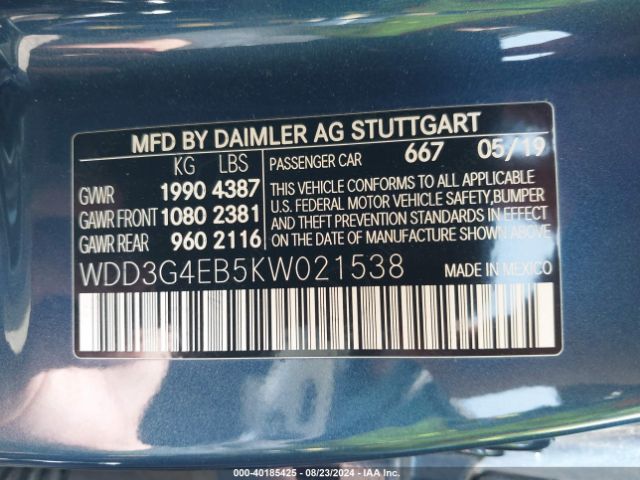 WDD3G4EB5KW021538 Mercedes-Benz A 220