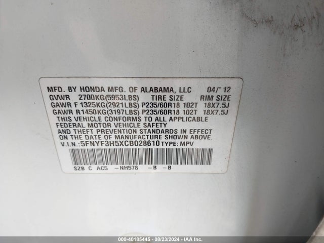 Aukcja sprzedaży 2012 Honda Pilot Ex-l, vin: 5FNYF3H5XCB028610, numer aukcji: 40185445