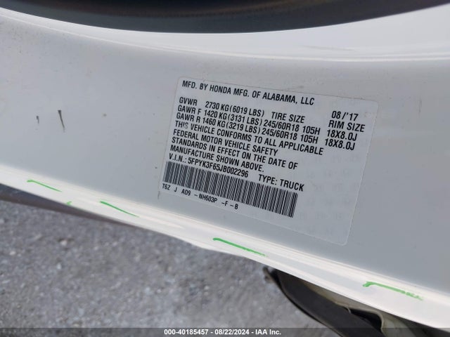 Honda Ridgeline Rtl-t 2018 5FPYK3F65JB002296 Image 9