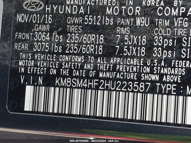 KM8SM4HF2HU223587 Hyundai Santa Fe Se
