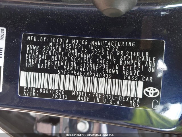 Toyota COROLLA LE 2022 5YFEPMAE7NP340939 Image 9