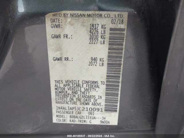 Nissan Altima 2.5 S 2018 1N4AL3AP5JC210091 Image 9
