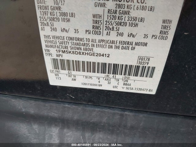 Ford EXPLORER XLT 2017 1FM5K8D8XHGE20412 Image 9