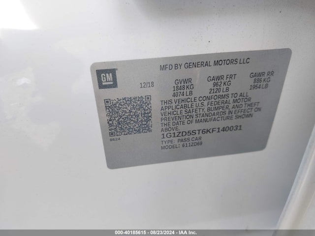 2019 Chevrolet Malibu Lt მანქანა იყიდება აუქციონზე, vin: 1G1ZD5ST6KF140031, აუქციონის ნომერი: 40185615