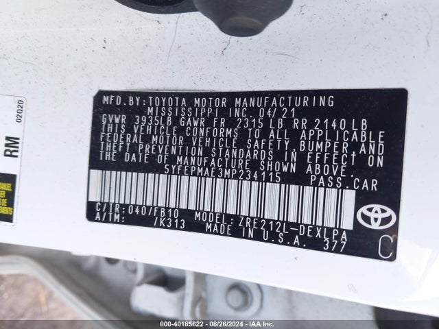 Toyota COROLLA LE 2021 5YFEPMAE3MP234115 Image 9