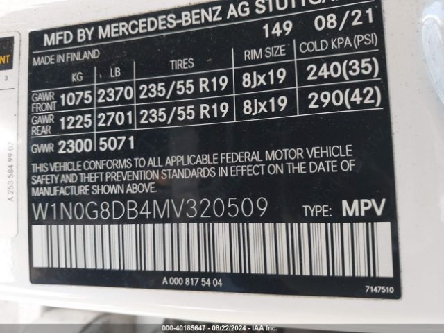 W1N0G8DB4MV320509 Mercedes-Benz Glc 300 Suv