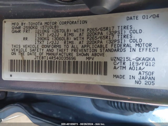 Aukcja sprzedaży 2004 Toyota 4runner Sr5 V8, vin: JTEBT14R540035696, numer aukcji: 40185673