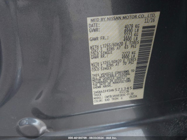 1N6BA1F45HN521345 Nissan Titan Xd Sl Diesel