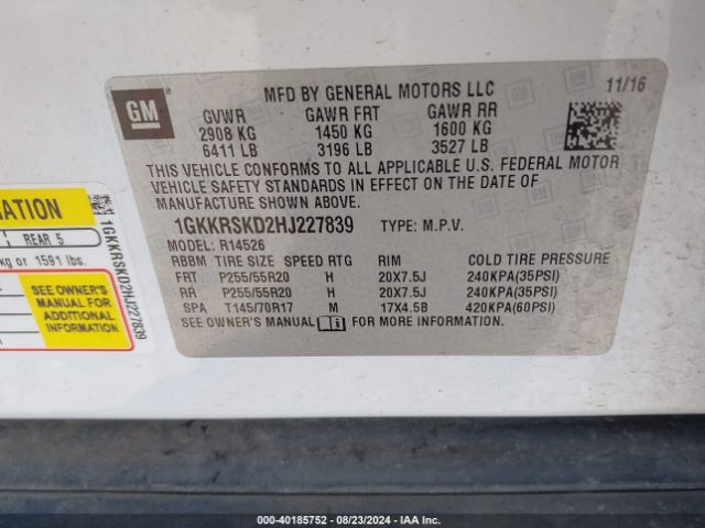 1GKKRSKD2HJ227839 GMC Acadia Limited