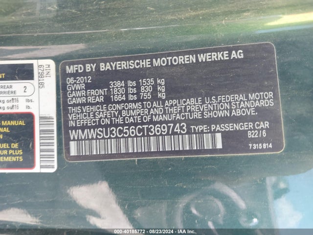 2012 MINI COOPER WMWSU3C56CT369743 Photo 8