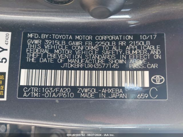 JTDKBRFUXH3577145 Toyota Prius Two