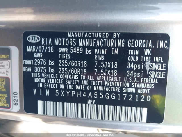KIA Sorento 3.3l Ex 2016 5XYPH4A55GG172120 Image 9