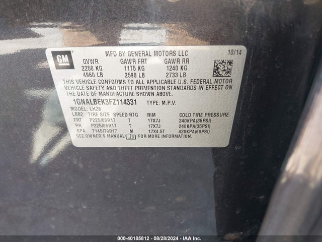 Chevrolet EQUINOX 1LT 2015 1GNALBEK3FZ114331 Image 9