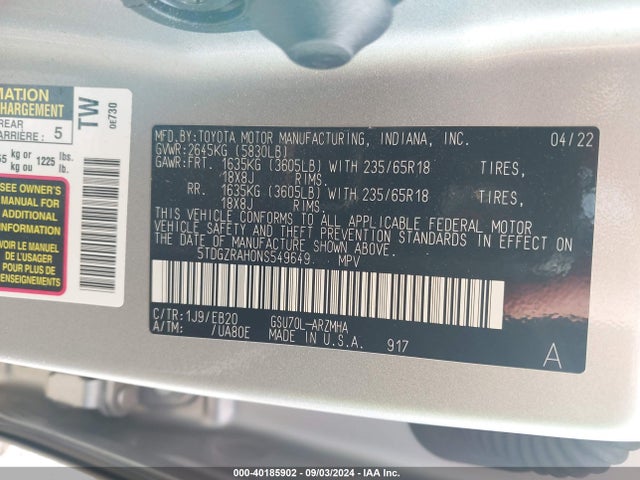 Toyota Highlander Xle 2022 5TDGZRAH0NS549649 Image 9