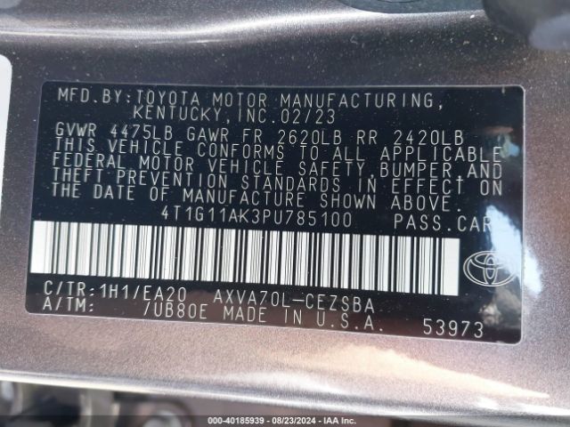 4T1G11AK3PU785100 Toyota CAMRY SE