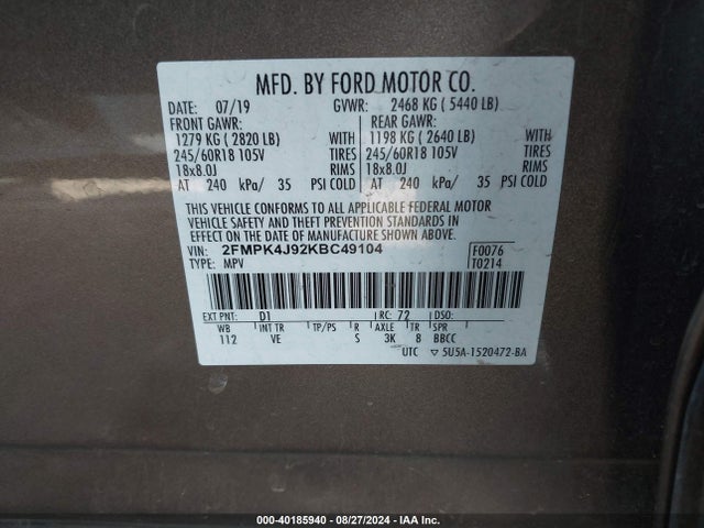 Ford EDGE SEL 2019 2FMPK4J92KBC49104 Image 9