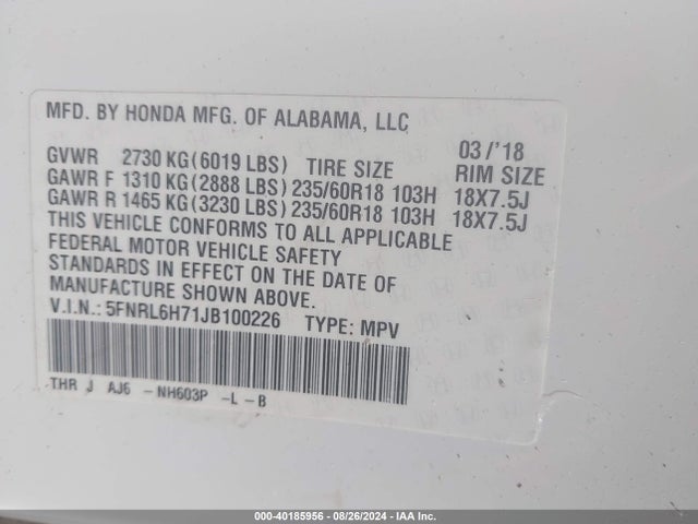 Honda Odyssey Ex-l 2018 5FNRL6H71JB100226 Image 9