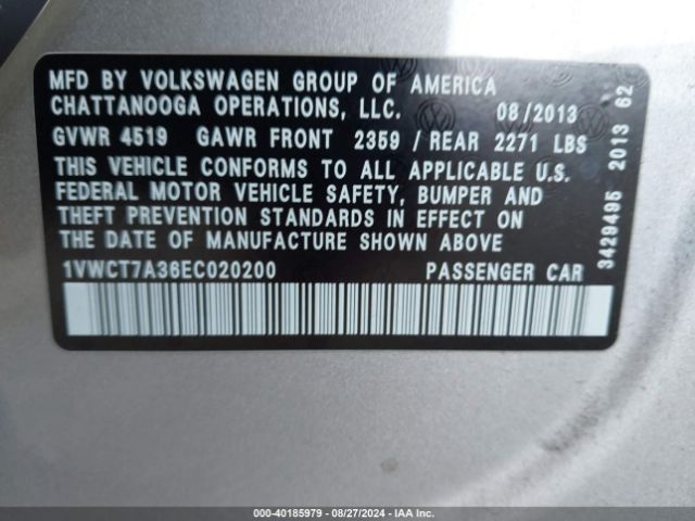 1VWCT7A36EC020200 Volkswagen Passat 1.8t Sel Premium