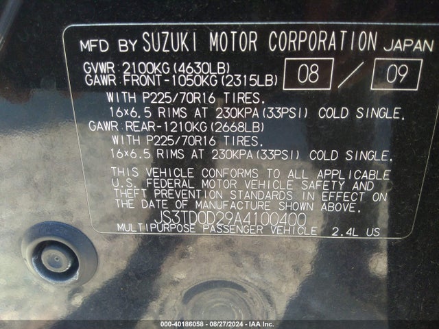 40186058 :رقم المزاد ، JS3TD0D29A4100400 vin ، 2010 Suzuki Grand Vitara Premium مزاد بيع