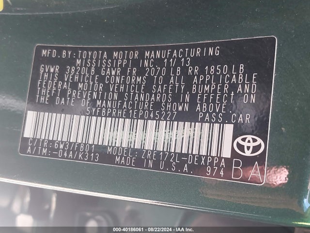 Toyota Corolla Le Eco Plus 2014 5YFBPRHE1EP045227 Image 9