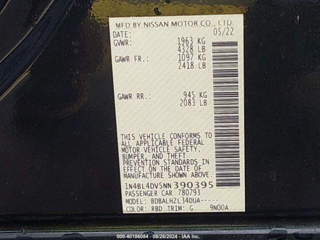 1N4BL4DV5NN390395 Nissan Altima Sv Fwd
