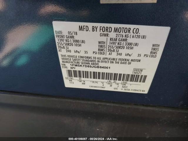 Ford EXPLORER XLT 2018 1FM5K7D89JGB84061 Image 9
