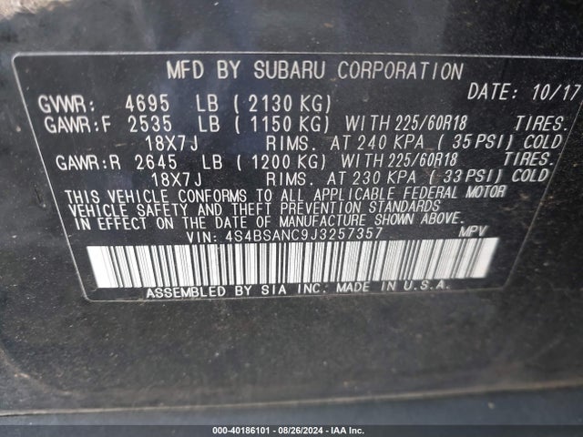 Subaru Outback 2.5i Limited 2018 4S4BSANC9J3257357 Image 9