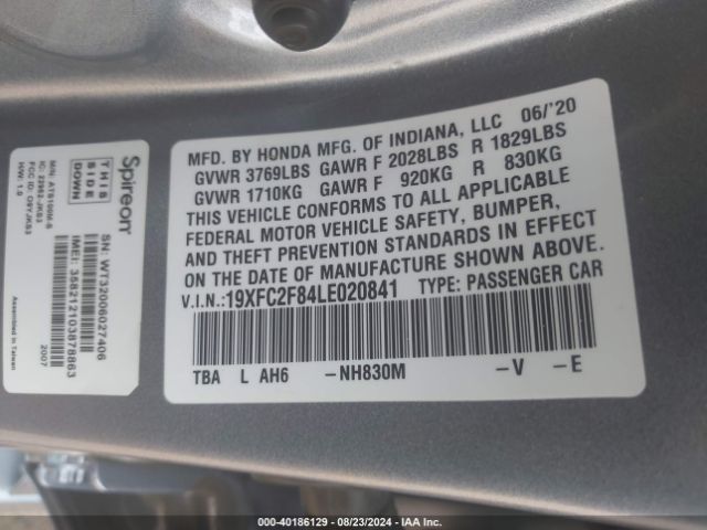 19XFC2F84LE020841 Honda Civic Sport
