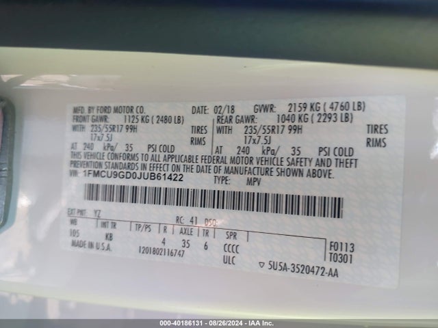 Ford ESCAPE SE 2018 1FMCU9GD0JUB61422 Image 9