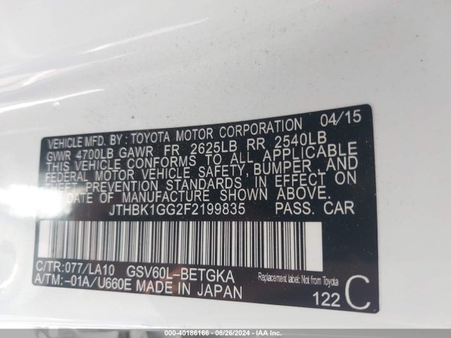 JTHBK1GG2F2199835 Lexus ES 350