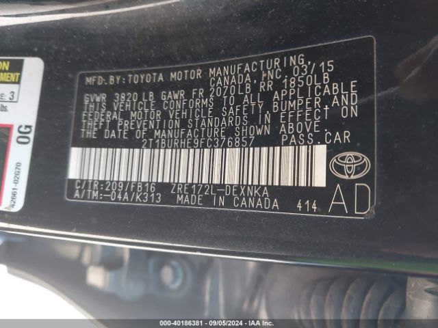 2T1BURHE9FC376857 Toyota COROLLA LE