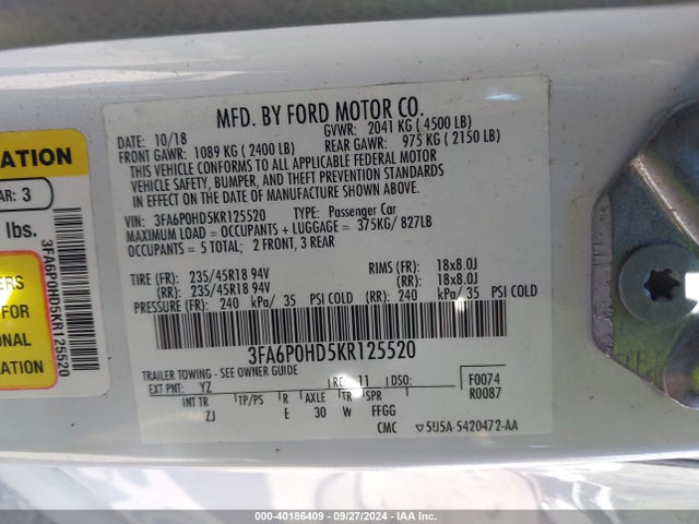 Ford FUSION SE 2019 3FA6P0HD5KR125520 Image 9