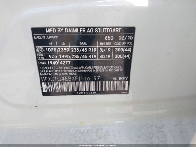 WDCTG4EBXFJ116197 Mercedes-Benz GLA 250