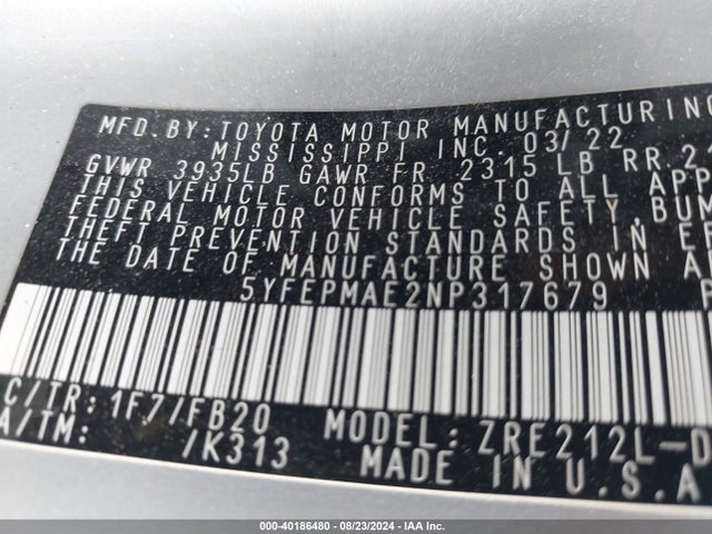 Toyota COROLLA LE 2022 5YFEPMAE2NP317679 Image 9