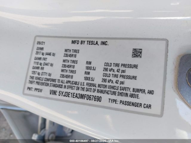 5YJ3E1EA3MF067690 Tesla Model 3 Standard Range Plus Rear-wheel Drive
