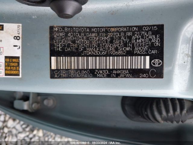 JTDKN3DU6F1926852 Toyota Prius Four