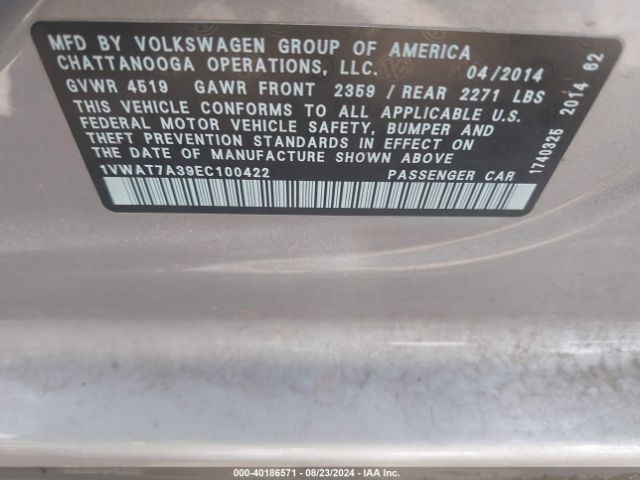 1VWAT7A39EC100422 Volkswagen Passat 1.8t Wolfsburg Edition