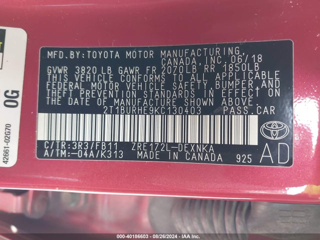 Toyota COROLLA LE 2019 2T1BURHE9KC130403 Image 9