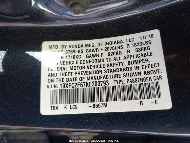 Honda Civic Lx 2019 19XFC2F67KE203793 Image 9