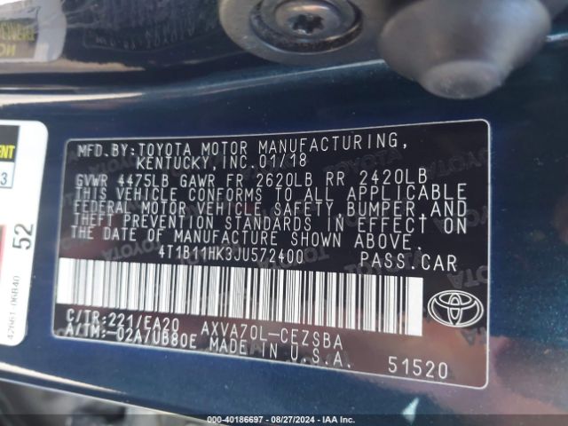 2018 TOYOTA CAMRY 4T1B11HK3JU572400 Photo 8