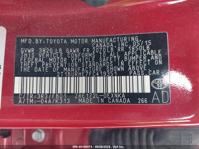 Toyota COROLLA LE 2015 2T1BURHE7FC419351 Image 9