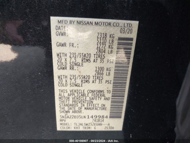 5N1AZ2DJ5LN149984 Nissan Murano Platinum Fwd