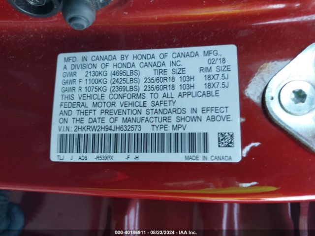 2HKRW2H94JH632573 Honda Cr-v Touring