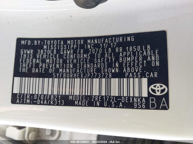 Toyota COROLLA LE 2018 5YFBURHEXJP773728 Image 9