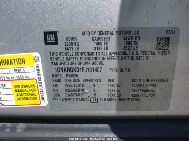 1GNKRGKD1FJ131407 Chevrolet Traverse 1lt